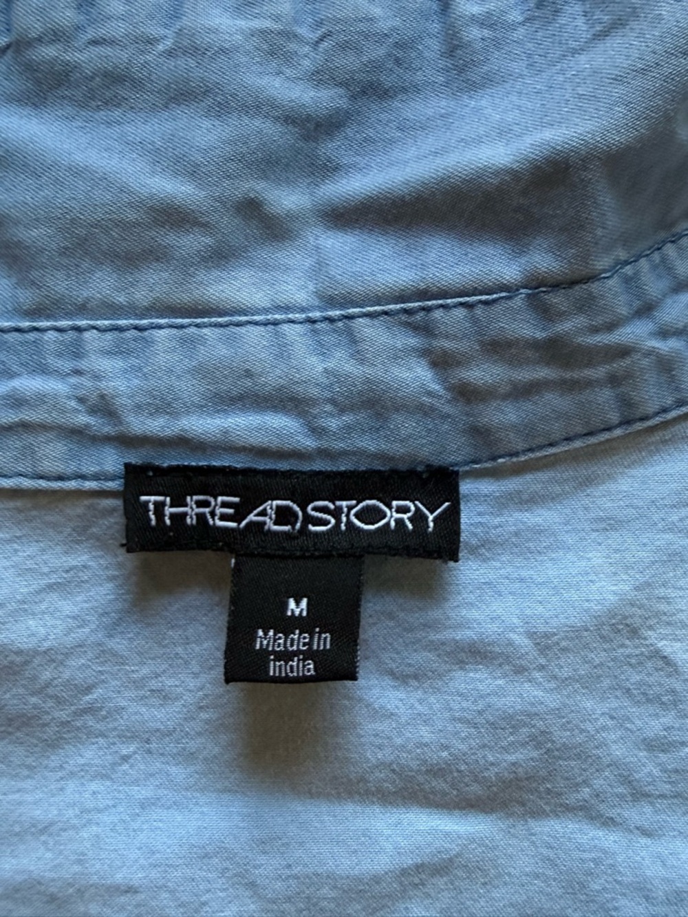 Thread Story Blue Crop Blouse Open Back Cotton M Button Front Long Sleeve - Picture 3 of 4